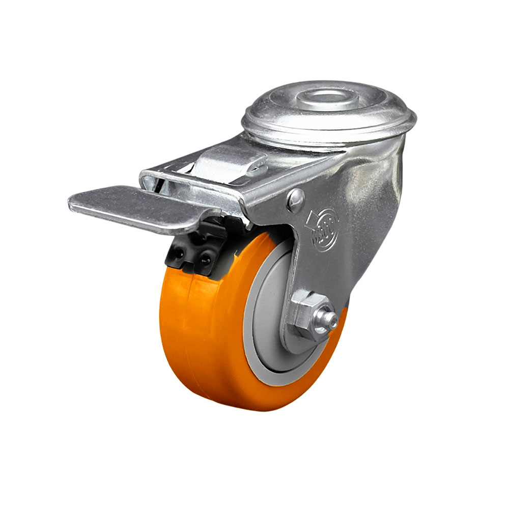 Stainless Steel Polyurethane Swivel Bolt Hole Caster w/3" x 1.25"  Orange Wheel & Total Locking Brake - 300 lbs Capacity/Caster - Service Caster Brand — photo 1