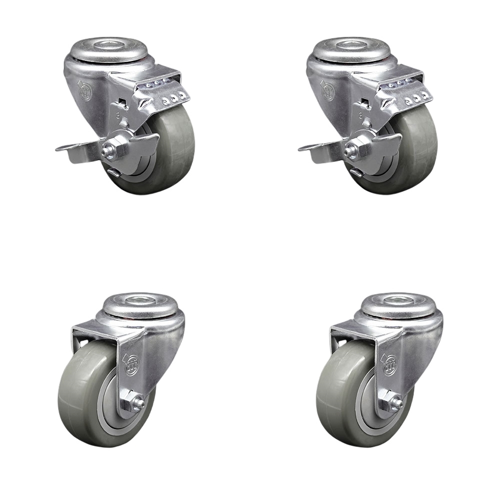 Stainless Steel Polyurethane Swivel Bolt Hole Caster Set of 4 w/3" x 1.25"  Gray Wheels - Includes 2 with Top Locking Brakes - 1200 lbs Total Capacity - Service Caster Brand — photo 1