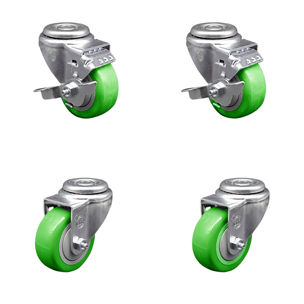 Stainless Steel Polyurethane Swivel Bolt Hole Caster Set of 4 w/3" x 1.25"  Green Wheels - Includes 2 with Top Locking Brakes - 1200 lbs Total Capacity - Service Caster Brand — photo 1