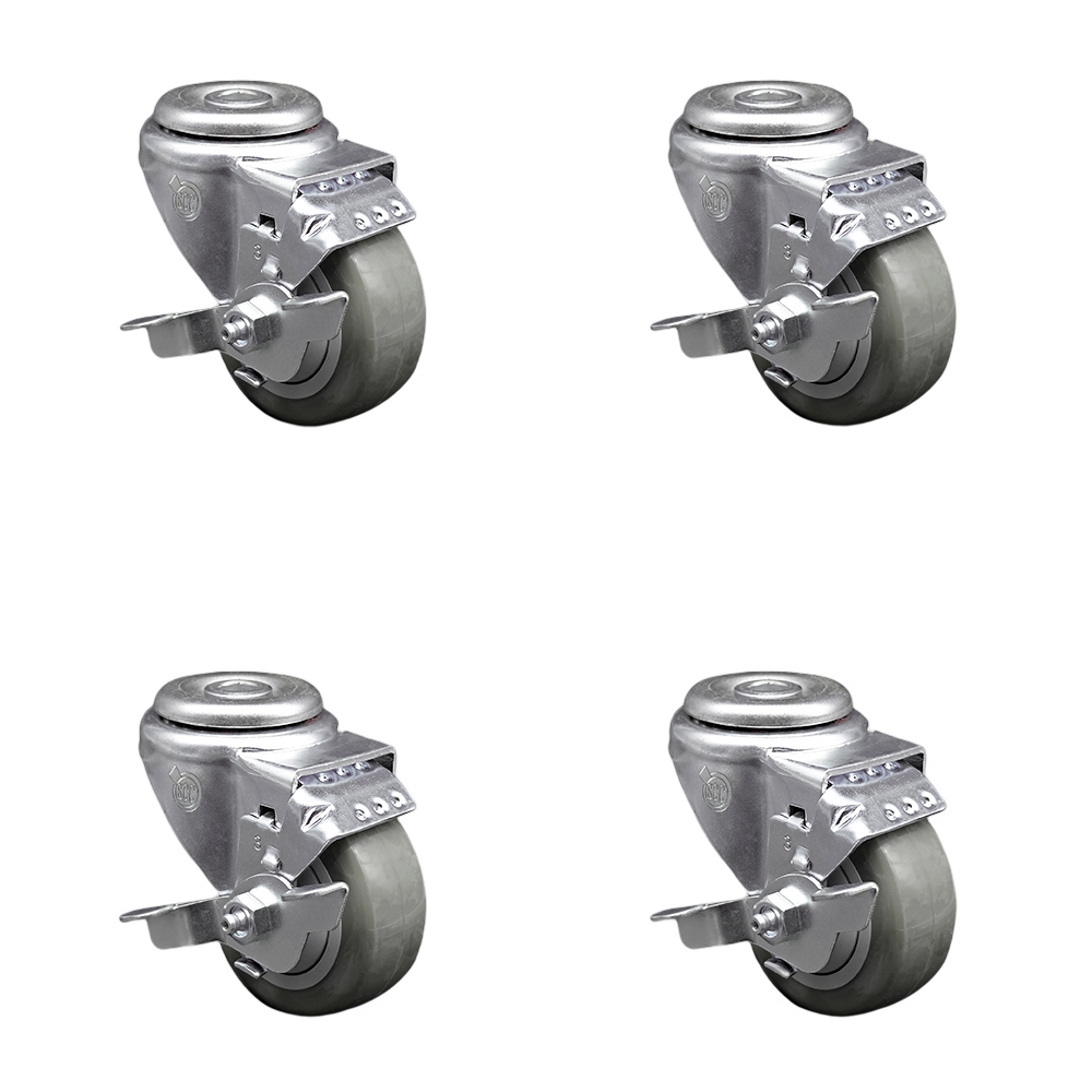 Stainless Steel Polyurethane Swivel Bolt Hole Caster Set of 4 w/3" x 1.25" Gray Wheels - Includes 4 Swivel with Top Lock Brakes - 1200 lbs Total Capacity - Service Caster Brand — photo 1
