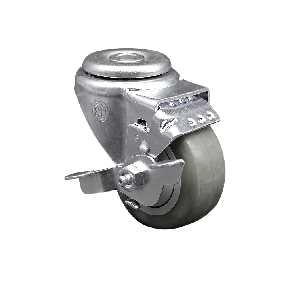 Stainless Steel Polyurethane Swivel Bolt Hole Caster w/3" x 1.25"  Gray Wheel & Top Locking Brake - 300 lbs Capacity/Caster - Service Caster Brand — photo 1