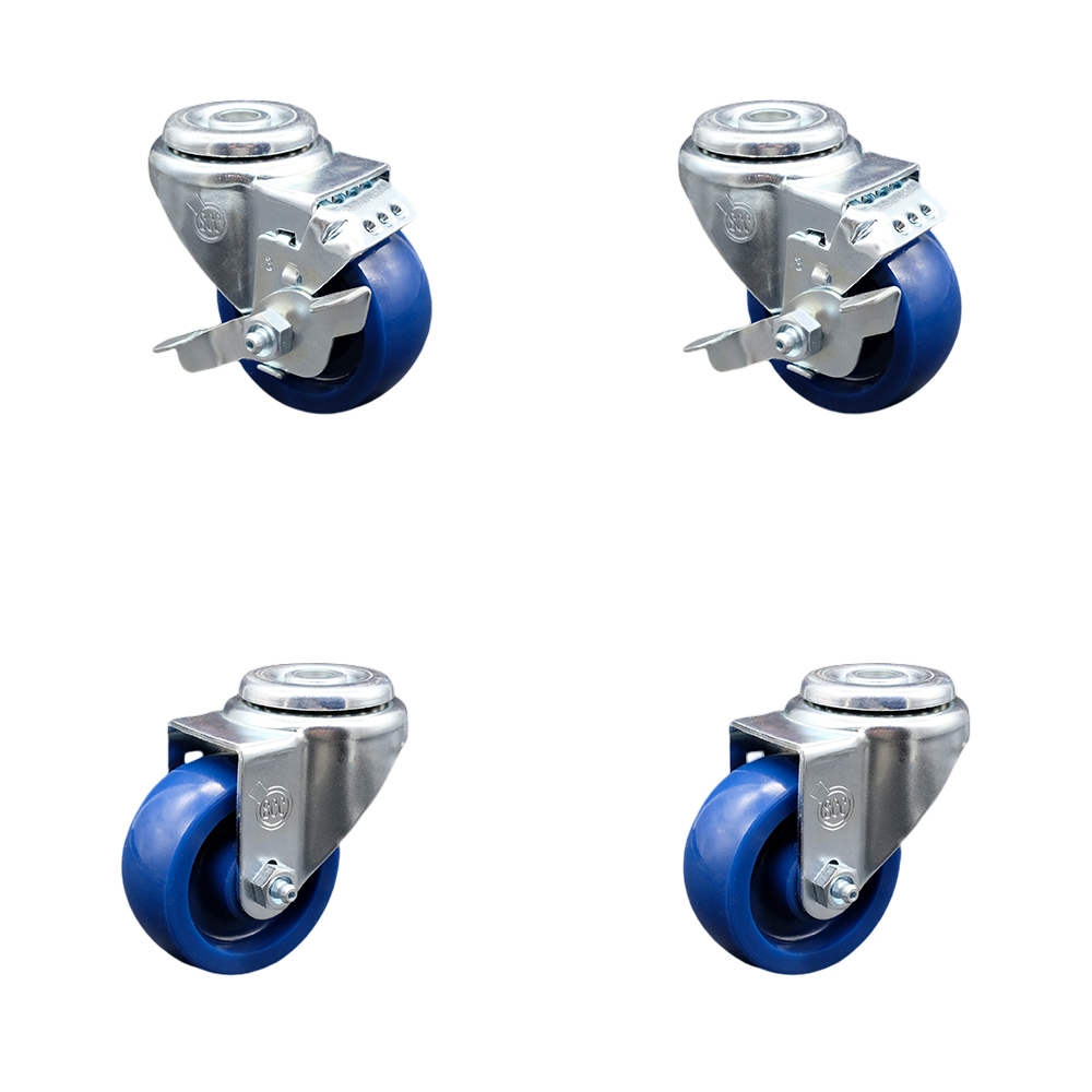 Stainless Steel Solid Polyurethane Swivel Bolt Hole Caster Set of 4 w/3" x 1.25" Blue Wheels - Includes 2 with Top Locking Brakes - 1200 lbs Total Capacity - Service Caster Brand — photo 1