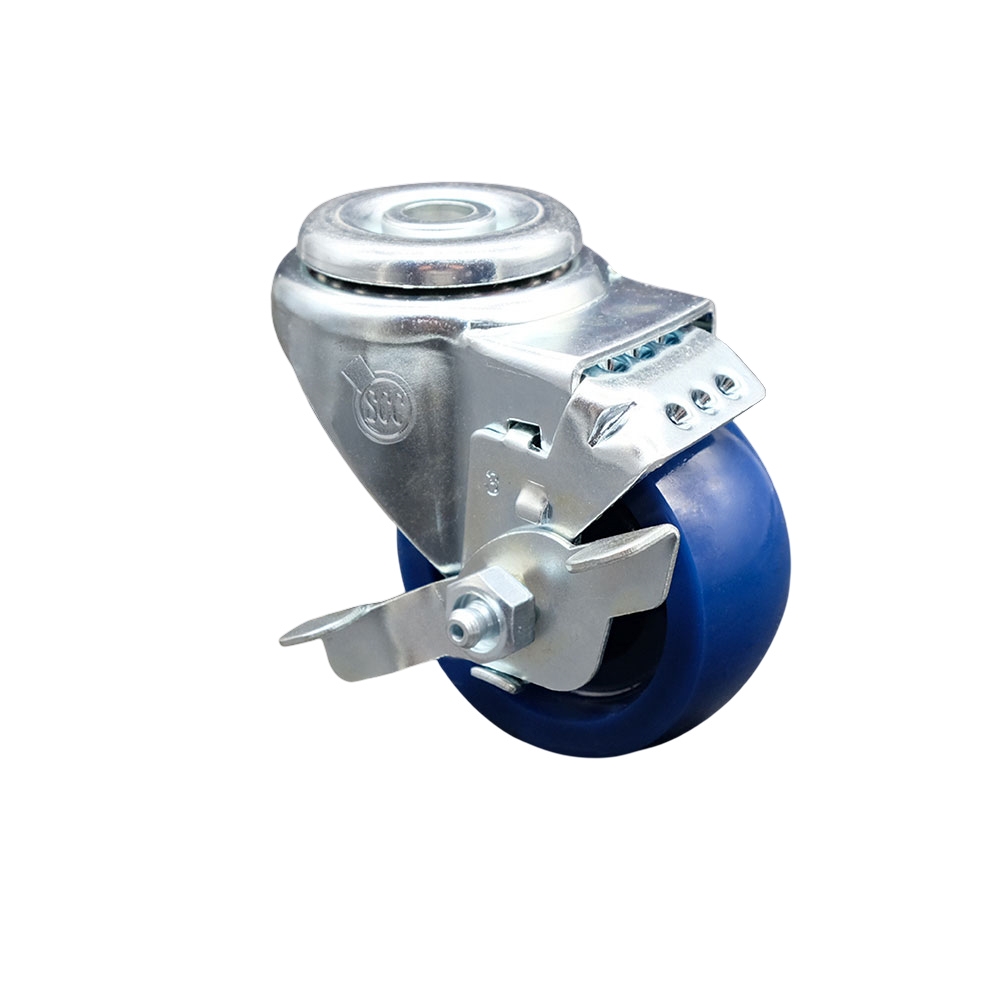 Stainless Steel Solid Polyurethane Swivel Bolt Hole Caster w/3" x 1.25" Blue Wheel & Top Locking Brake - 300 lbs Capacity/Caster - Service Caster Brand — photo 1