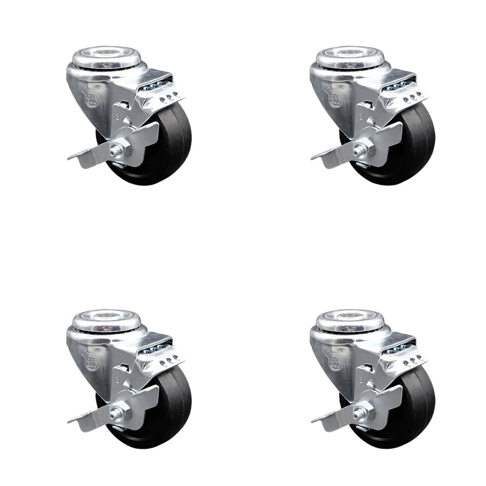 Stainless Steel Soft Rubber Swivel Bolt Hole Caster Set of 4 w/3" x 1.25" Black Wheels - Includes 4 Swivel with Top Lock Brakes - 700 lbs Total Capacity - Service Caster Brand — photo 1