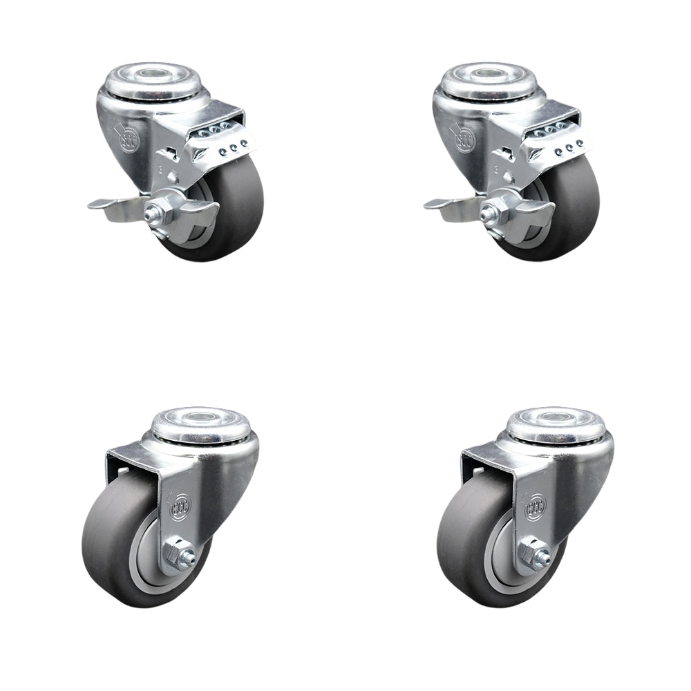 Stainless Steel Thermoplastic Rubber Swivel Bolt Hole Caster Set of 4 - 3" x 1.25" Gray Wheels - Includes 2 with Top Locking Brakes - 840 lbs Total Capacity - Service Caster Brand — photo 1
