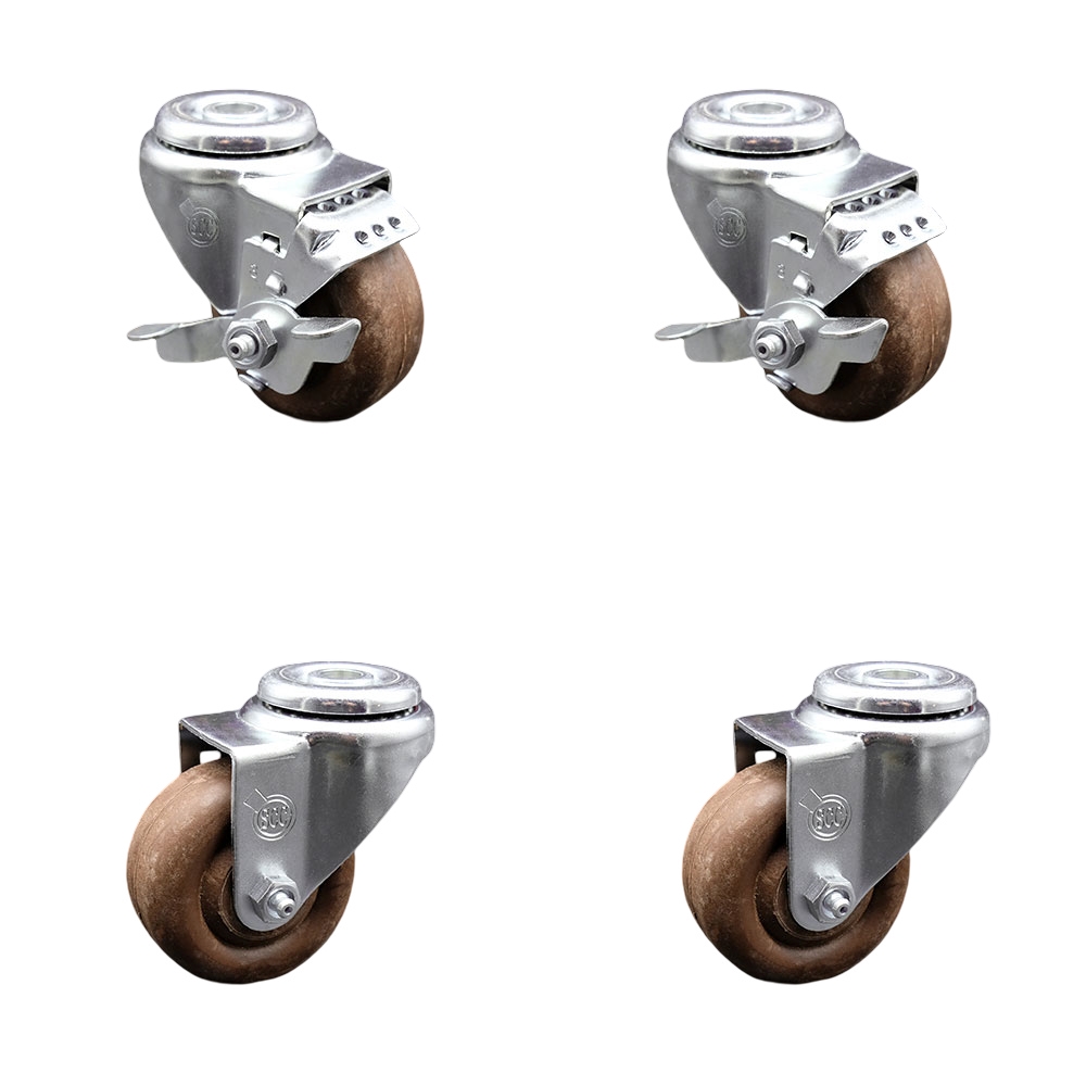 Stainless Steel High Temp Glass Filled Nylon Swivel Bolt Hole Caster Set of 4 w/3.5" x 1.25" Brown Wheels - Includes 2 with Top Locking Brakes - 1400 lbs Total Capacity - Service Caster Brand — photo 1