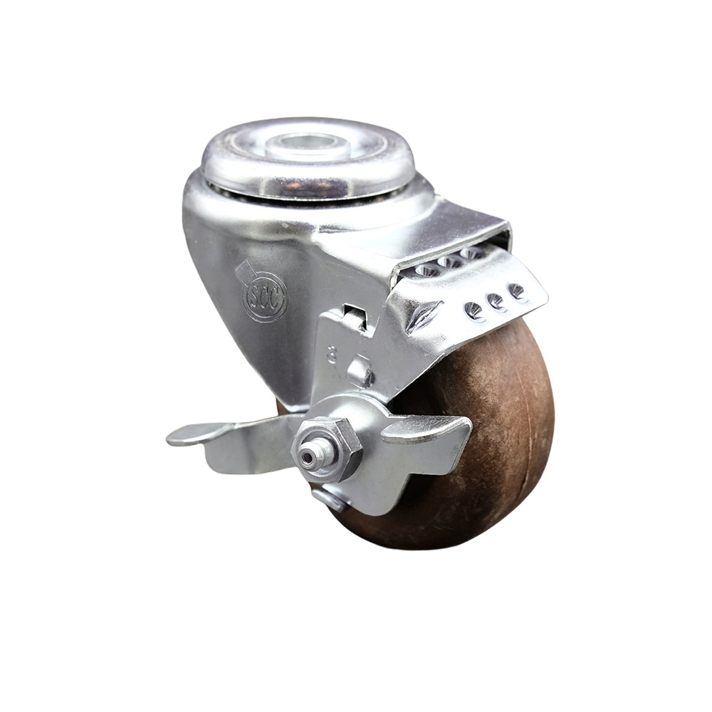 Stainless Steel High Temp Glass Filled Nylon Swivel Bolt Hole Caster w/3.5" x 1.25" Brown Wheel & Top Locking Brake - 350 lbs Capacity/Caster - Service Caster Brand — photo 1