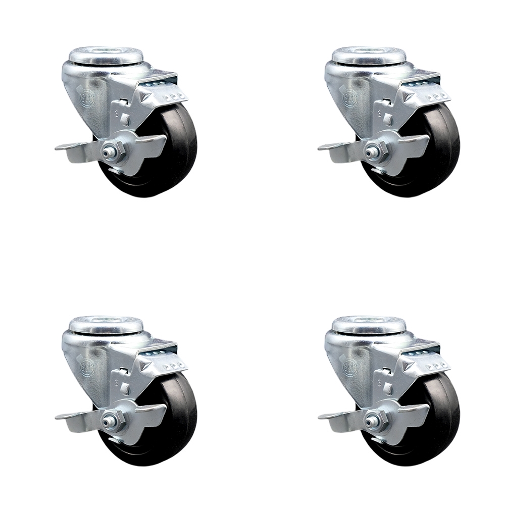 Stainless Steel Hard Rubber Swivel Bolt Hole Caster Set of 4 w/3.5" x 1.25" Black Wheels - Includes 4 Swivel with Top Lock Brakes - 1140 lbs Total Capacity - Service Caster Brand — photo 1