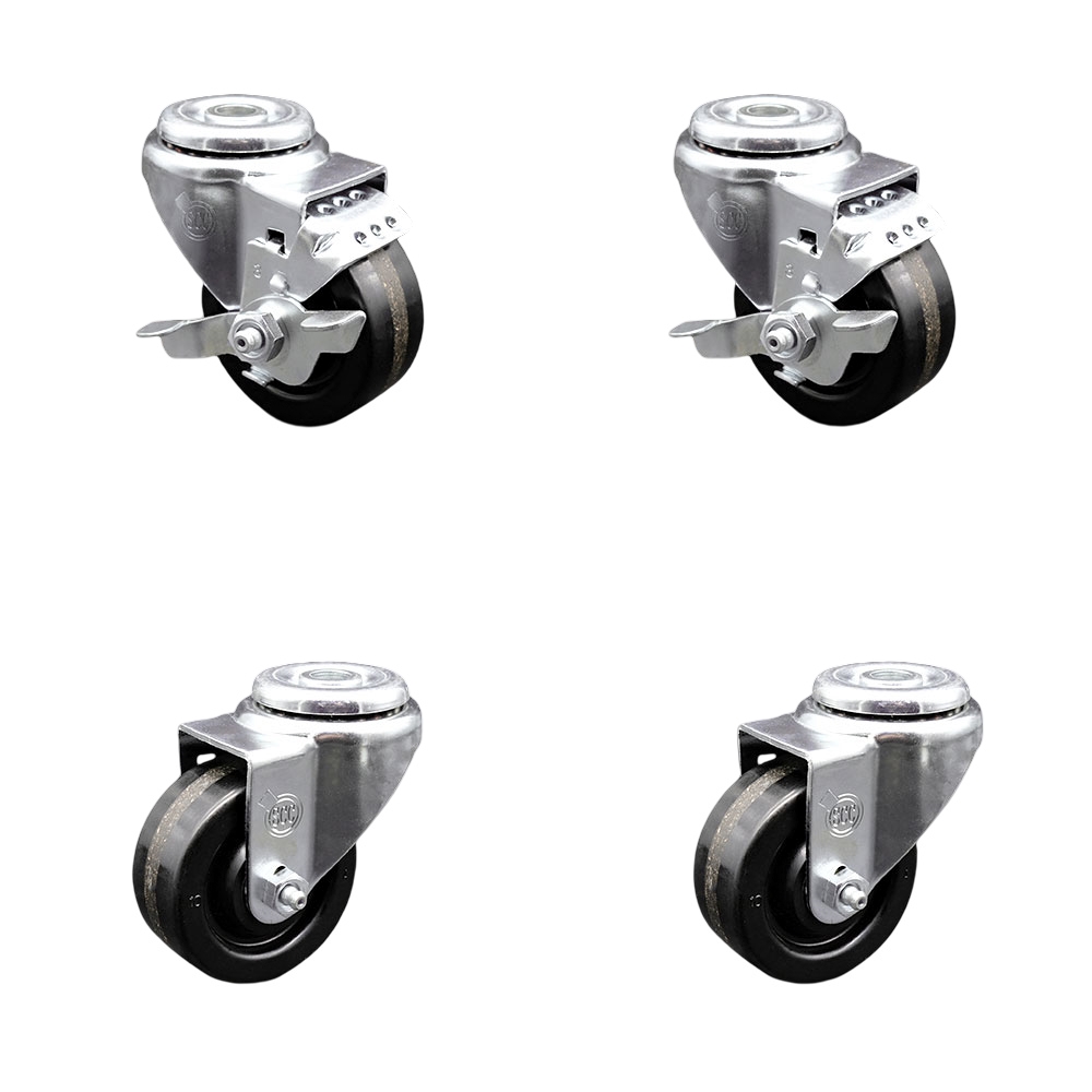 Stainless Steel Phenolic Swivel Bolt Hole Caster Set of 4 w/3.5" x 1.25" Black Wheels - Includes 2 with Top Locking Brakes - 1200 lbs Total Capacity - Service Caster Brand — photo 1