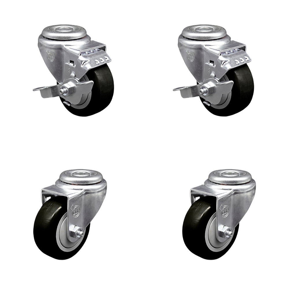 Stainless Steel Polyurethane Swivel Bolt Hole Caster Set of 4 w/3.5" x 1.25"  Black Wheels - Includes 2 with Top Locking Brakes - 1200 lbs Total Capacity - Service Caster Brand — photo 1