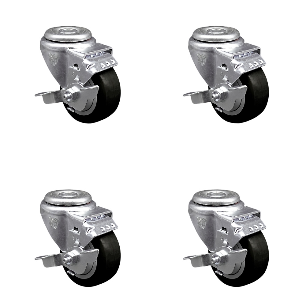 Stainless Steel Polyurethane Swivel Bolt Hole Caster Set of 4 w/3.5" x 1.25" Black Wheels - Includes 4 Swivel with Top Lock Brakes - 1200 lbs Total Capacity - Service Caster Brand — photo 1