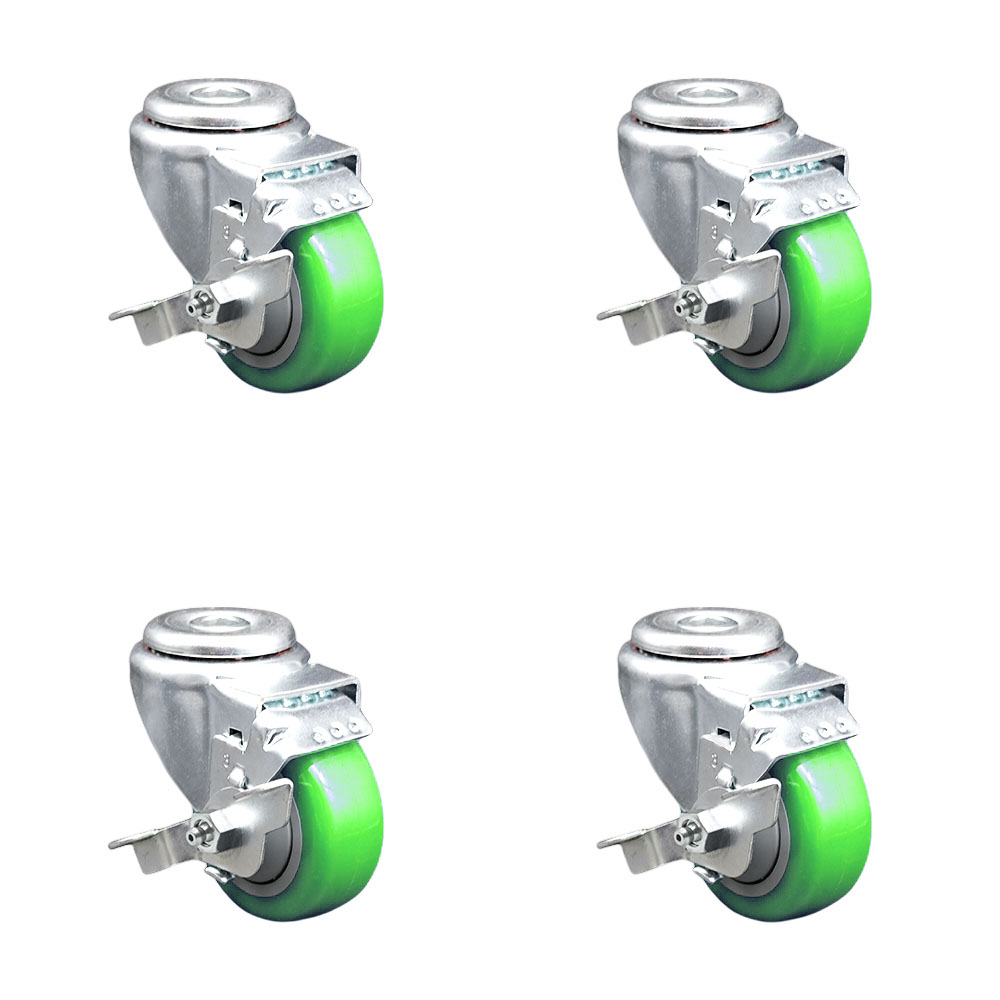 Stainless Steel Polyurethane Swivel Bolt Hole Caster Set of 4 w/3.5" x 1.25" Green Wheels - Includes 4 Swivel with Top Lock Brakes - 1200 lbs Total Capacity - Service Caster Brand — photo 1