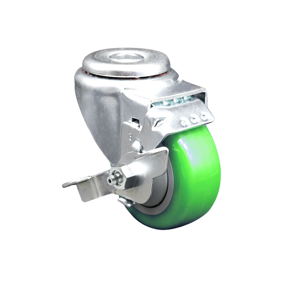Stainless Steel Polyurethane Swivel Bolt Hole Caster w/3.5" x 1.25"  Green Wheel & Top Locking Brake - 300 lbs Capacity/Caster - Service Caster Brand — photo 1