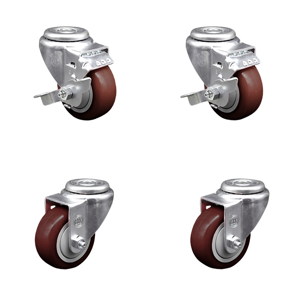 Stainless Steel Polyurethane Swivel Bolt Hole Caster Set of 4 w/3.5" x 1.25" Maroon Wheels - Includes 2 with Top Locking Brakes - 1200 lbs Total Capacity - Service Caster Brand — photo 1