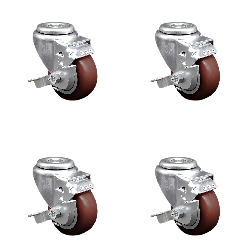 Stainless Steel Polyurethane Swivel Bolt Hole Caster Set of 4 w/3.5" x 1.25" Maroon Wheels - Includes 4 Swivel with Top Lock Brakes - 1200 lbs Total Capacity - Service Caster Brand — photo 1