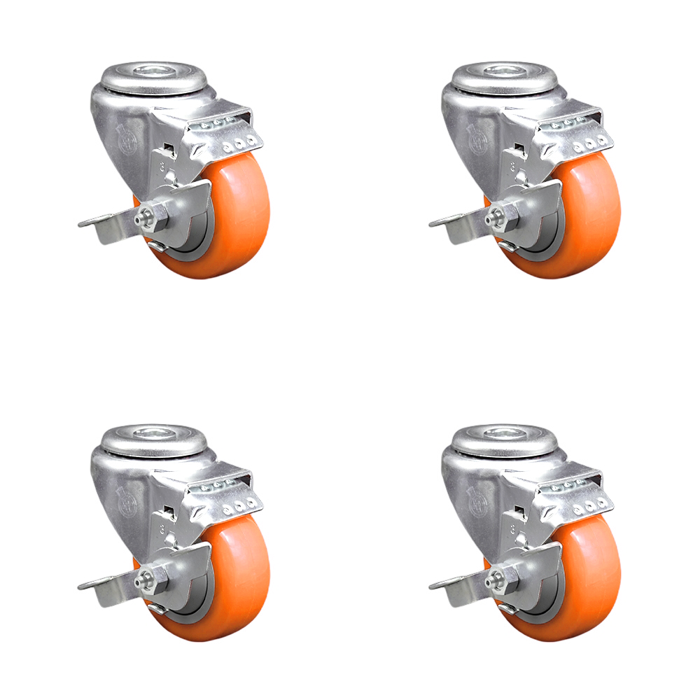 Stainless Steel Polyurethane Swivel Bolt Hole Caster Set of 4 w/3.5" x 1.25" Orange Wheels - Includes 4 Swivel with Top Lock Brakes - 1200 lbs Total Capacity - Service Caster Brand — photo 1