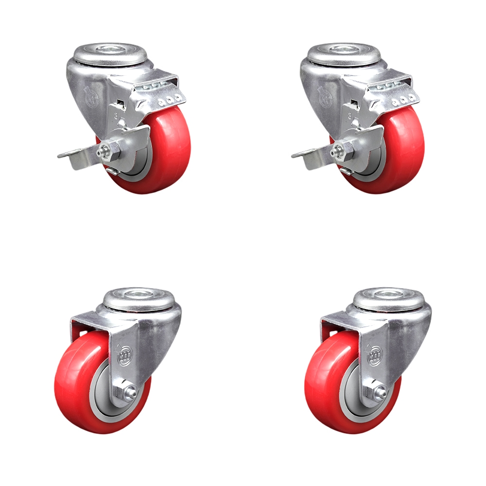 Stainless Steel Polyurethane Swivel Bolt Hole Caster Set of 4 w/3.5" x 1.25"  Red Wheels - Includes 2 with Top Locking Brakes - 1200 lbs Total Capacity - Service Caster Brand — photo 1