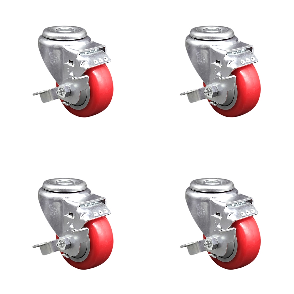 Stainless Steel Polyurethane Swivel Bolt Hole Caster Set of 4 w/3.5" x 1.25" Red Wheels - Includes 4 Swivel with Top Lock Brakes - 1200 lbs Total Capacity - Service Caster Brand — photo 1