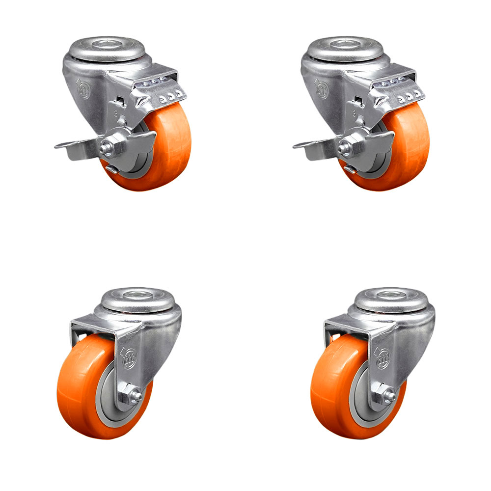 Stainless Steel Polyurethane Swivel Bolt Hole Caster Set of 4 w/3.5" x 1.25"  Orange Wheels - Includes 2 with Top Locking Brakes - 1200 lbs Total Capacity - Service Caster Brand — photo 1