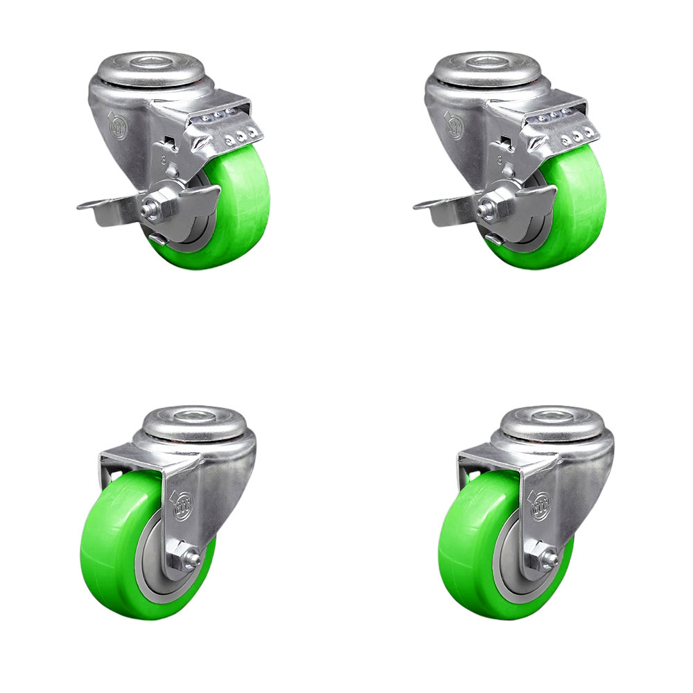 Stainless Steel Polyurethane Swivel Bolt Hole Caster Set of 4 w/3.5" x 1.25"  Green Wheels - Includes 2 with Top Locking Brakes - 1200 lbs Total Capacity - Service Caster Brand — photo 1