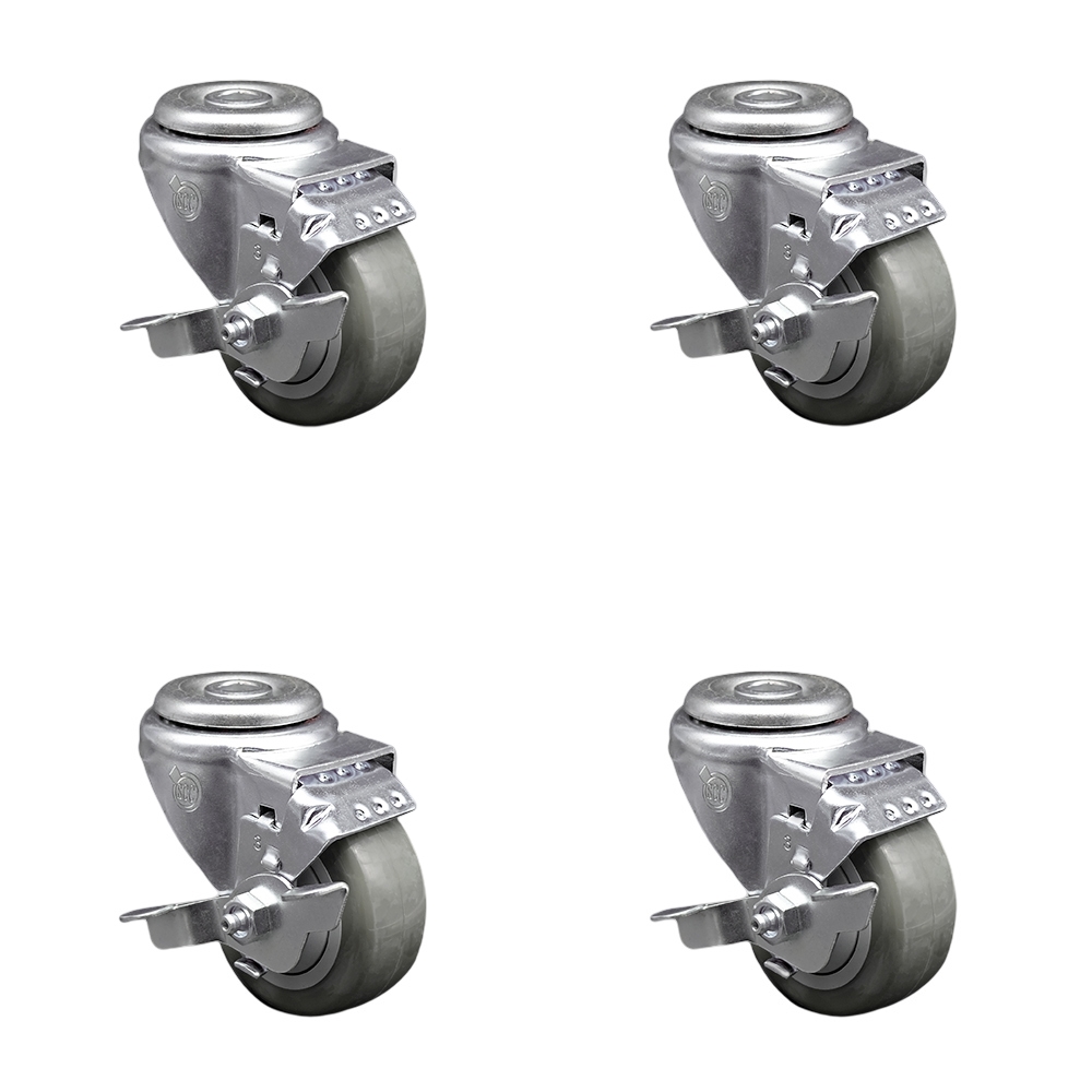 Stainless Steel Polyurethane Swivel Bolt Hole Caster Set of 4 w/3.5" x 1.25" Gray Wheels - Includes 4 Swivel with Top Lock Brakes - 1200 lbs Total Capacity - Service Caster Brand — photo 1