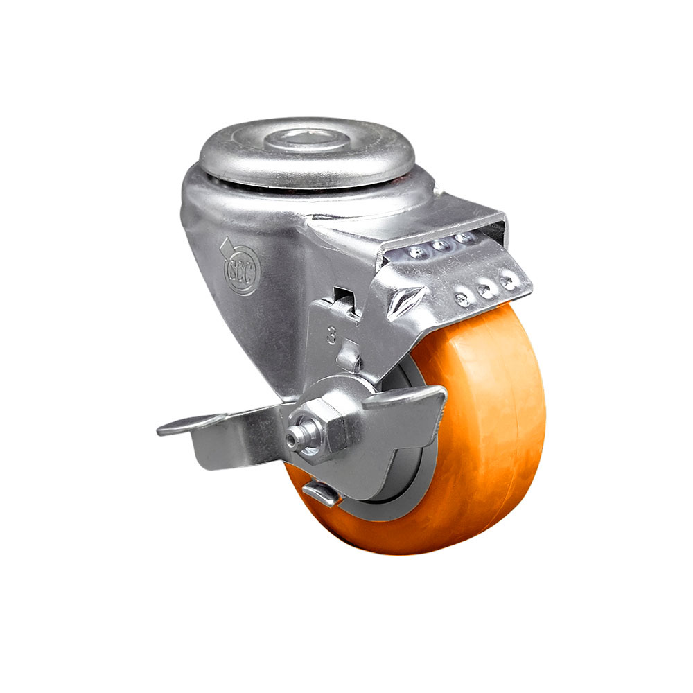 Stainless Steel Polyurethane Swivel Bolt Hole Caster w/3.5" x 1.25"  Orange Wheel & Top Locking Brake - 300 lbs Capacity/Caster - Service Caster Brand — photo 1