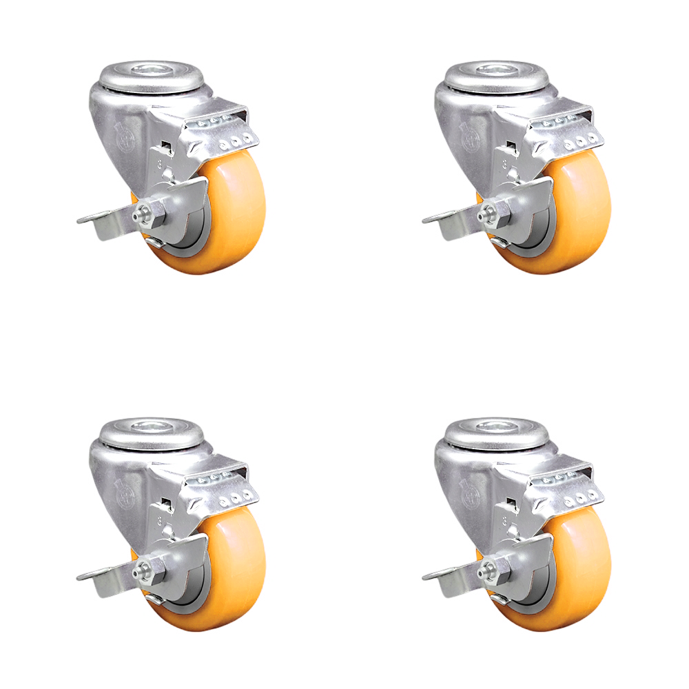 Stainless Steel Polyurethane Swivel Bolt Hole Caster Set of 4 w/3.5" x 1.25" Yellow Wheels - Includes 4 Swivel with Top Lock Brakes - 1200 lbs Total Capacity - Service Caster Brand — photo 1