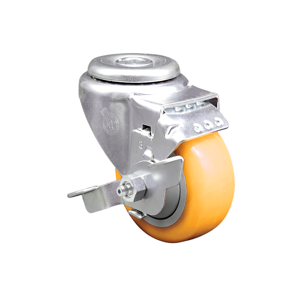 Stainless Steel Polyurethane Swivel Bolt Hole Caster w/3.5" x 1.25"  Yellow Wheel & Top Locking Brake - 300 lbs Capacity/Caster - Service Caster Brand — photo 1
