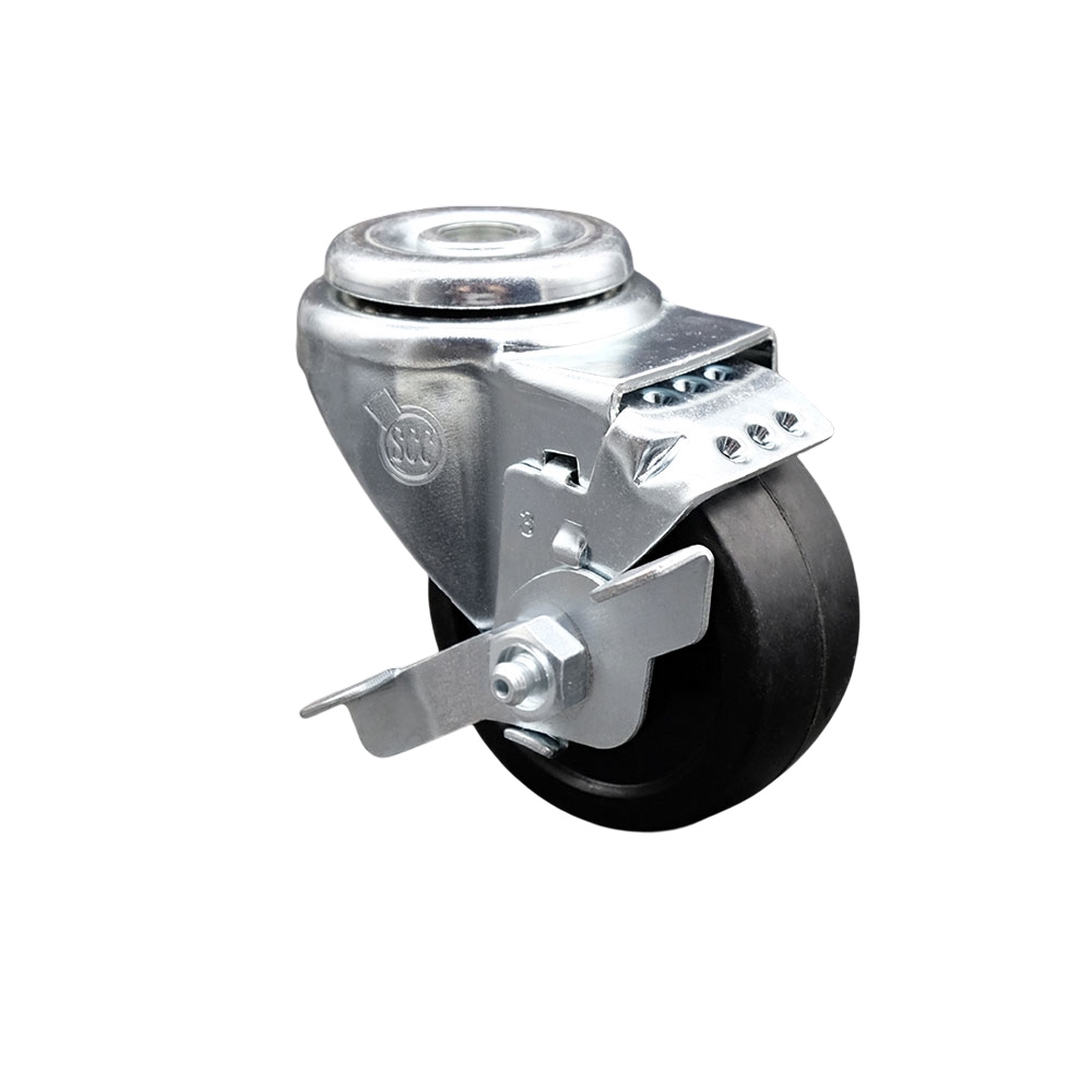 Stainless Steel Soft Rubber Swivel Bolt Hole Caster w/3.5" x 1.25" Black Wheel & Top Locking Brake - 200 lbs Capacity/Caster - Service Caster Brand — photo 1