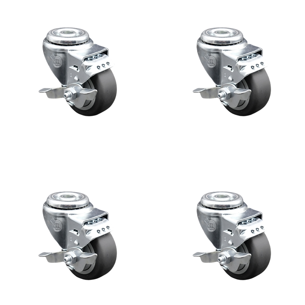 Stainless Steel Thermoplastic Rubber Swivel Bolt Hole Caster Set of 4 w/3.5" x 1.25" Gray Wheels - Includes 4 Swivel with Top Lock Brakes - 920 lbs Total Capacity - Service Caster Brand — photo 1