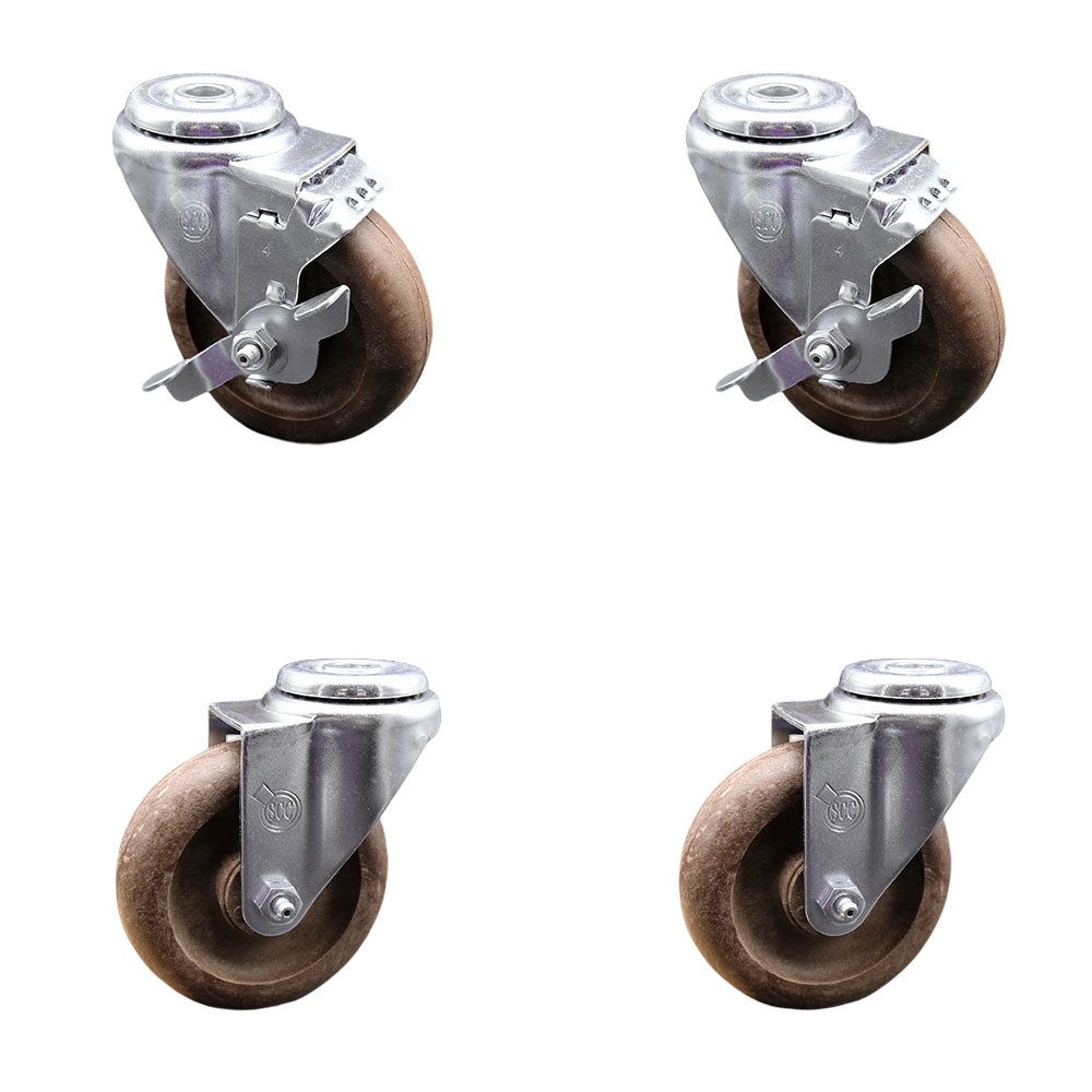 Stainless Steel High Temp Glass Filled Nylon Swivel Bolt Hole Caster Set of 4 w/4" x 1.25" Brown Wheels - Includes 2 with Top Locking Brakes - 1400 lbs Total Capacity - Service Caster Brand — photo 1