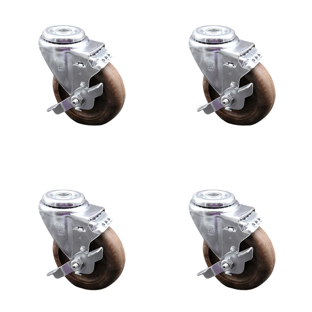 Stainless Steel High Temp Glass Filled Nylon Swivel Bolt Hole Caster Set of 4 w/4" x 1.25" Brown Wheels - Includes 4 Swivel with Top Lock Brakes - 1400 lbs Total Capacity - Service Caster Brand — photo 1