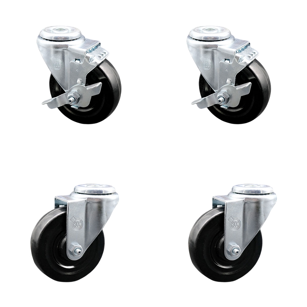 Stainless Steel Hard Rubber Swivel Bolt Hole Caster Set of 4 w/4" x 1.25" Black Wheels - Includes 2 with Top Locking Brakes - 1100 lbs Total Capacity - Service Caster Brand — photo 1