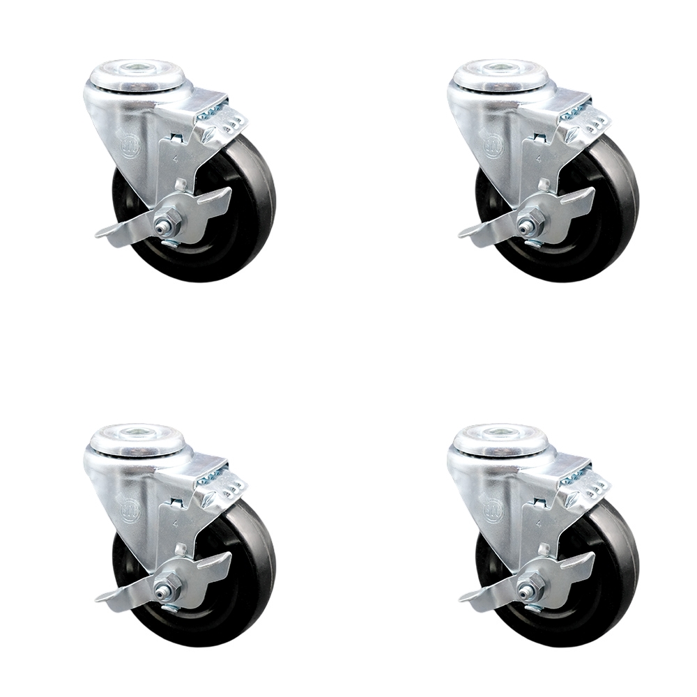Stainless Steel Hard Rubber Swivel Bolt Hole Caster Set of 4 w/4" x 1.25" Black Wheels - Includes 4 Swivel with Top Lock Brakes - 1200 lbs Total Capacity - Service Caster Brand — photo 1