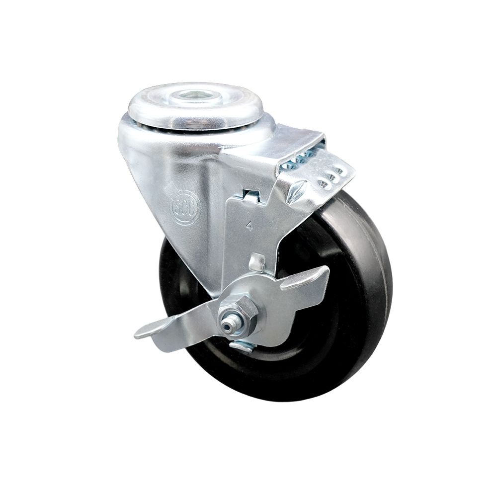 Stainless Steel Hard Rubber Swivel Bolt Hole Caster w/4" x 1.25" Black Wheel & Top Locking Brake - 300 lbs Capacity/Caster - Service Caster Brand — photo 1