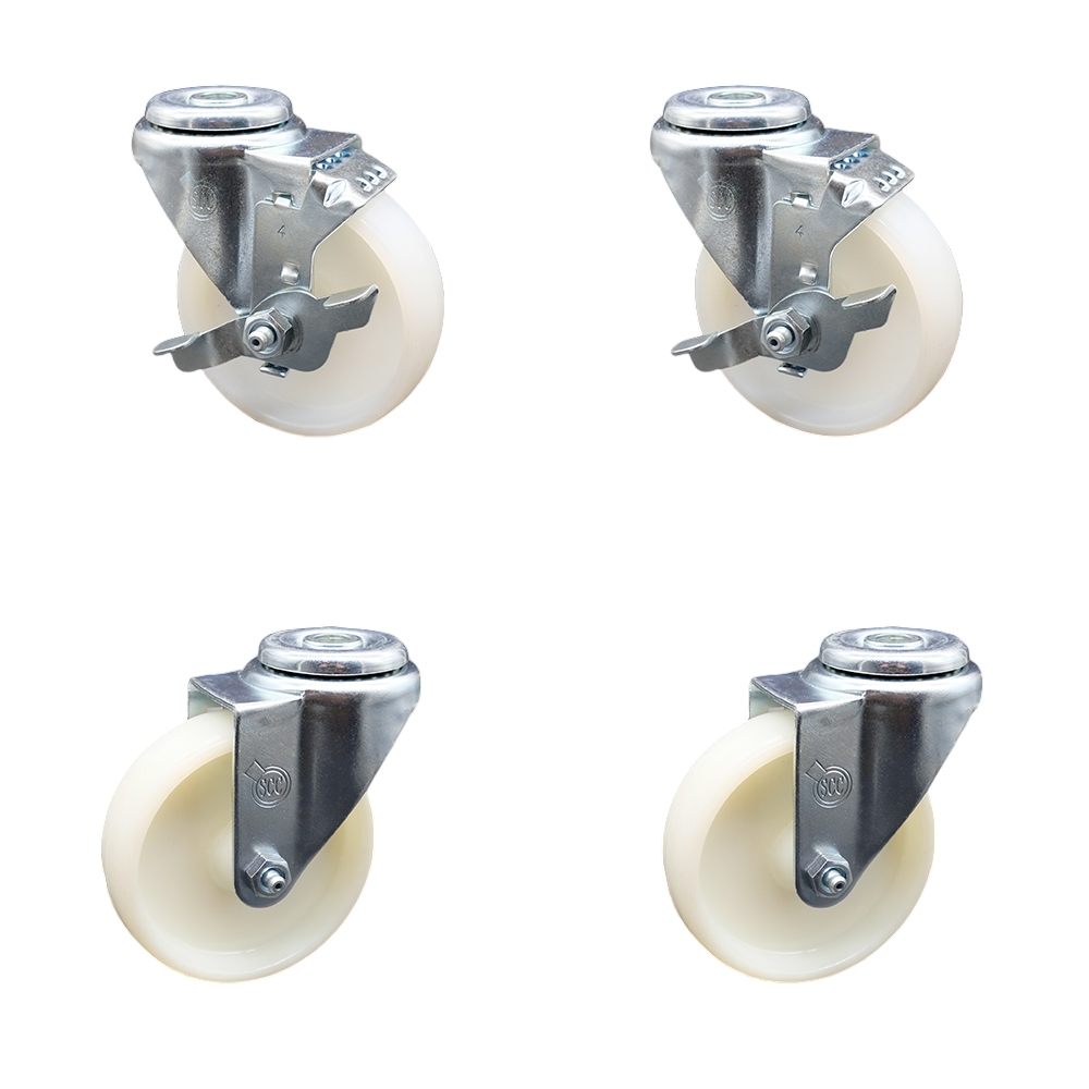 Stainless Steel Nylon Swivel Bolt Hole Caster Set of 4 w/4" x 1.25" White Wheels - Includes 2 with Top Locking Brakes - 1200 lbs Total Capacity - Service Caster Brand — photo 1