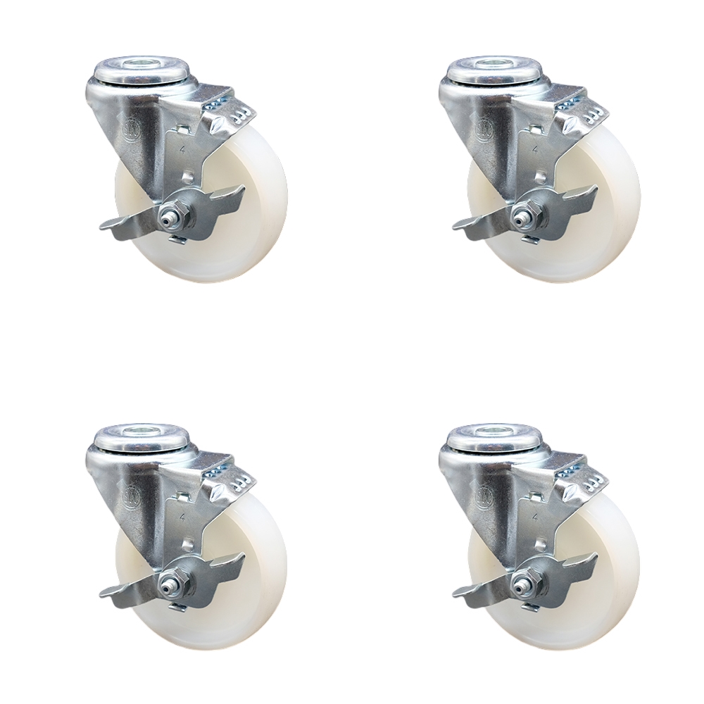 Stainless Steel Nylon Swivel Bolt Hole Caster Set of 4 w/4" x 1.25" White Wheels - Includes 4 Swivel with Top Lock Brakes - 1200 lbs Total Capacity - Service Caster Brand — photo 1