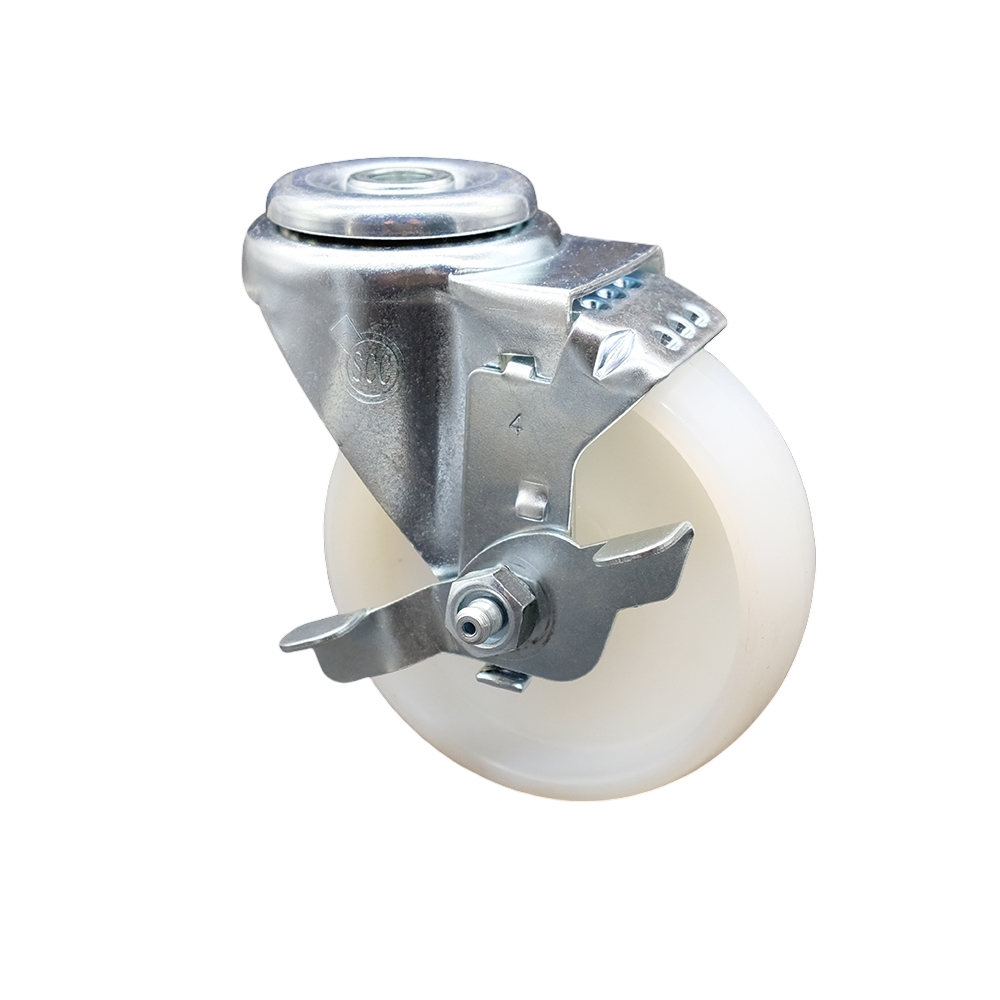 Stainless Steel Nylon Swivel Bolt Hole Caster w/4" x 1.25" White Wheel & Top Locking Brake - 300 lbs Capacity/Caster - Service Caster Brand — photo 1