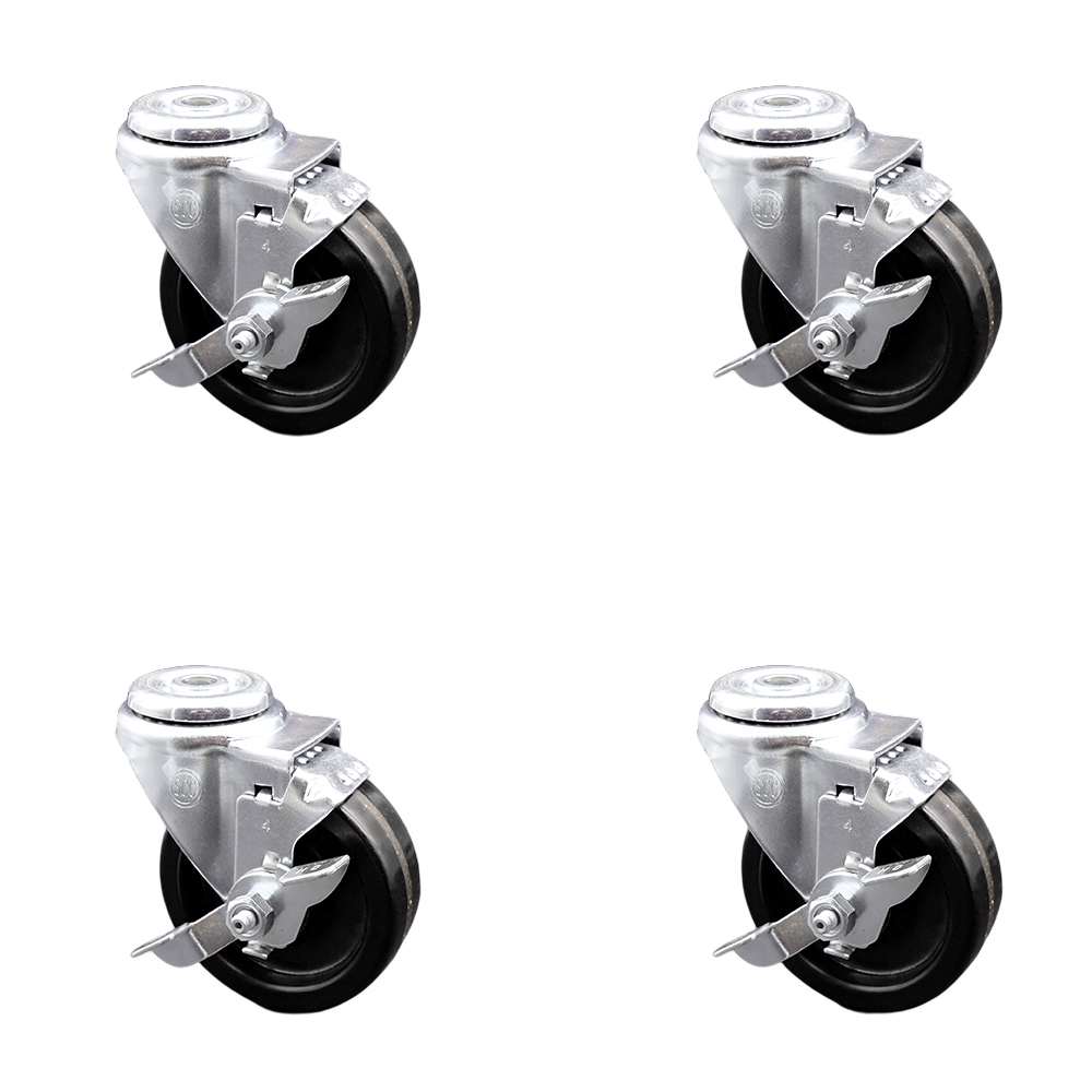 Stainless Steel Phenolic Swivel Bolt Hole Caster Set of 4 w/4" x 1.25" Black Wheels - Includes 4 Swivel with Top Lock Brakes - 1200 lbs Total Capacity - Service Caster Brand — photo 1