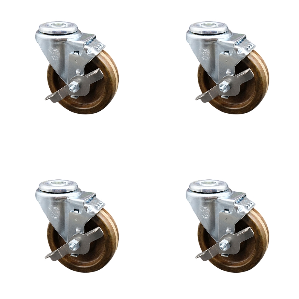 Stainless Steel High Temperature Phenolic Swivel Bolt Hole Caster Set of 4 w/4" x 1.25" Brown Wheels - Includes 4 Swivel with Top Lock Brakes - 1200 lbs Total Capacity - Service Caster Brand — photo 1