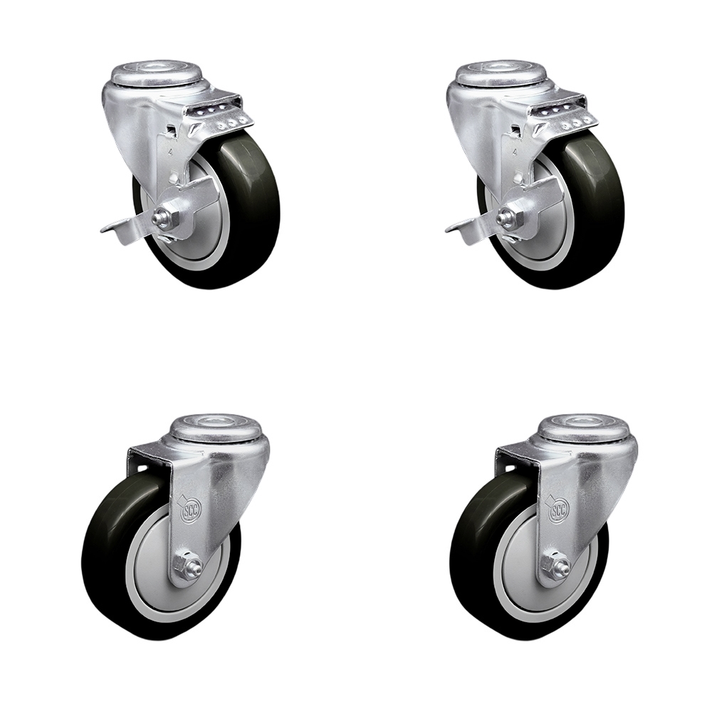 Stainless Steel Polyurethane Swivel Bolt Hole Caster Set of 4 w/4" x 1.25" Black Wheels - Includes 2 with Top Locking Brakes - 1400 lbs Total Capacity - Service Caster Brand — photo 1