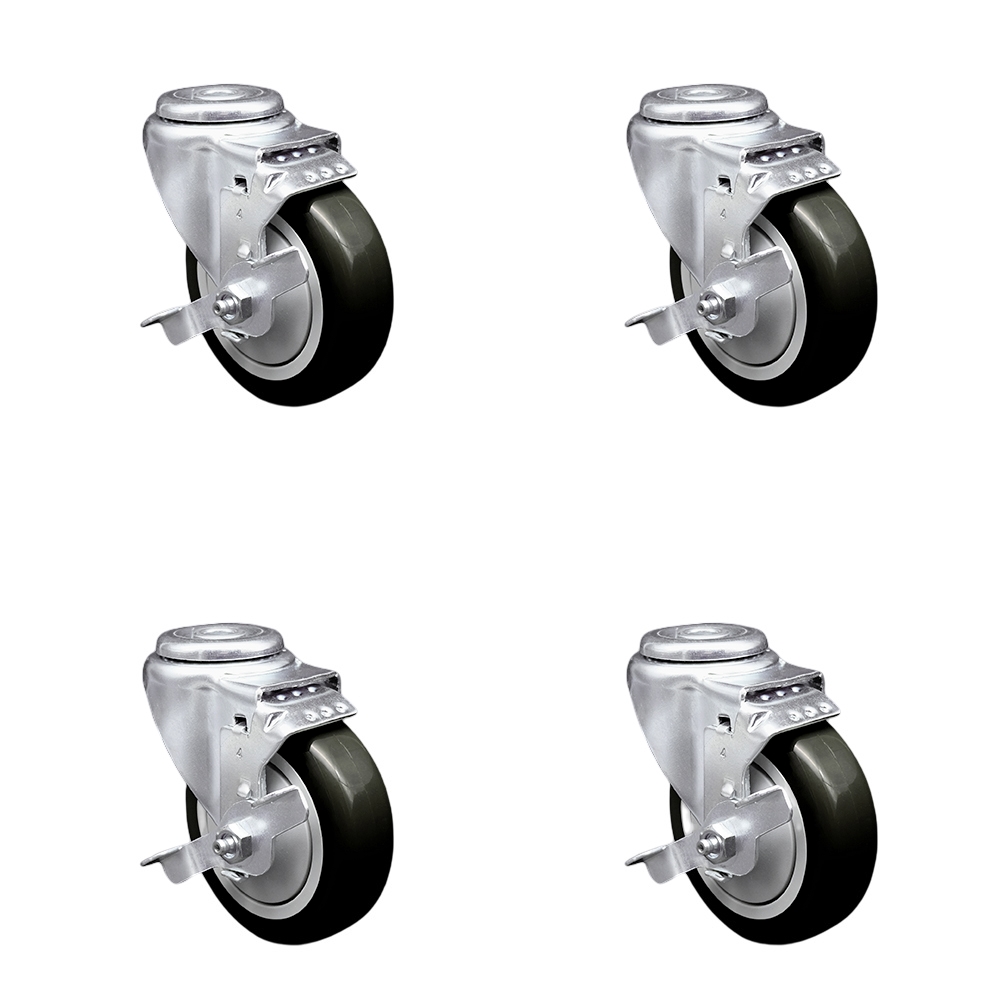 Stainless Steel Polyurethane Swivel Bolt Hole Caster Set of 4 w/4" x 1.25" Black Wheels - Includes 4 Swivel with Top Lock Brakes - 1400 lbs Total Capacity - Service Caster Brand — photo 1