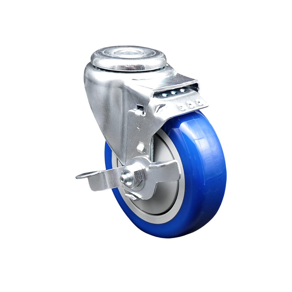 Stainless Steel Polyurethane Swivel Bolt Hole Caster w/4" x 1.25"  Blue Wheel & Top Locking Brake - 350 lbs Capacity/Caster - Service Caster Brand — photo 1