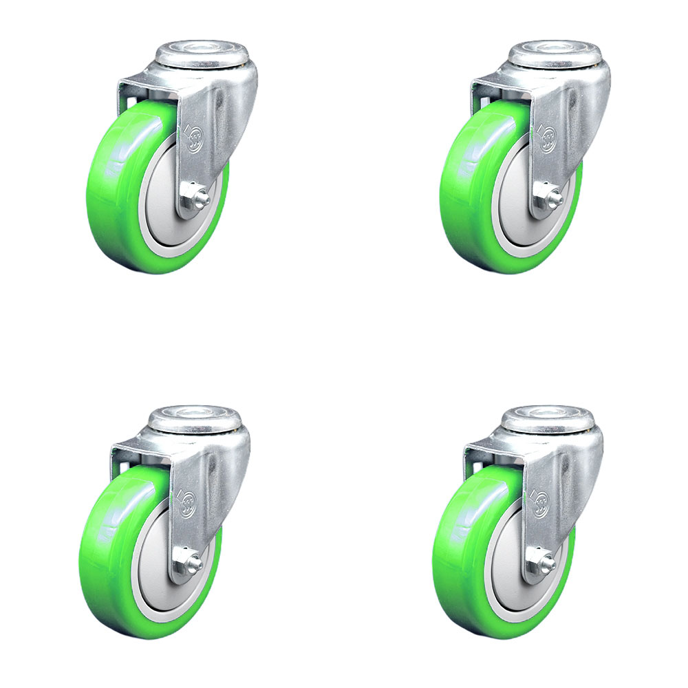 Stainless Steel Polyurethane Swivel Bolt Hole Caster Set of 4 w/4" x 1.25" Green Wheels - Includes 4 Swivel - 1400 lbs Total Capacity - Service Caster Brand — photo 1