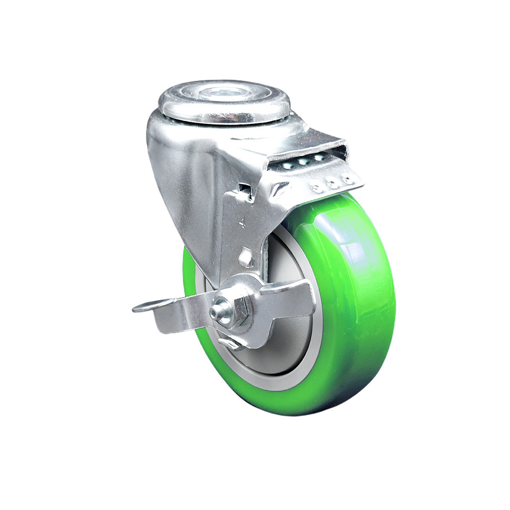 Stainless Steel Polyurethane Swivel Bolt Hole Caster w/4" x 1.25"  Green Wheel & Top Locking Brake - 350 lbs Capacity/Caster - Service Caster Brand — photo 1