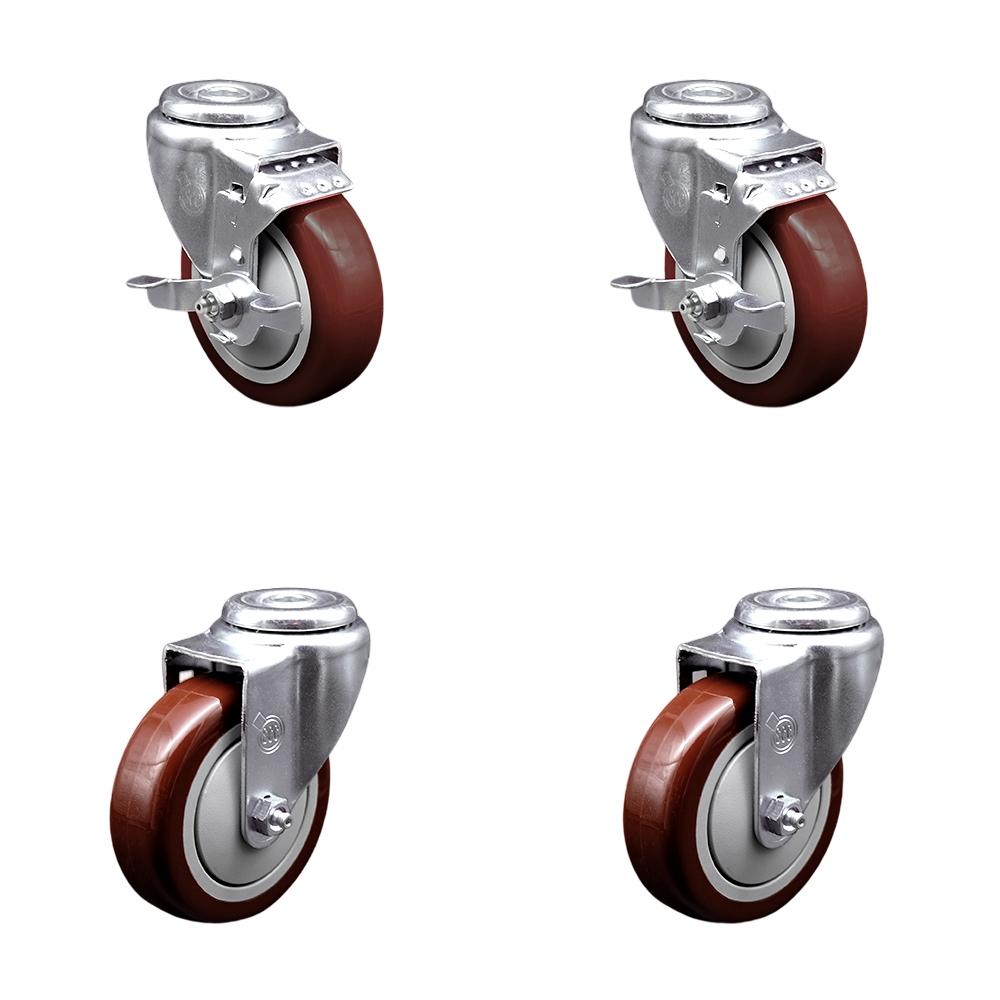 Stainless Steel Polyurethane Swivel Bolt Hole Caster Set of 4 w/4" x 1.25"  Maroon Wheels - Includes 2 with Top Locking Brakes - 1400 lbs Total Capacity - Service Caster Brand — photo 1