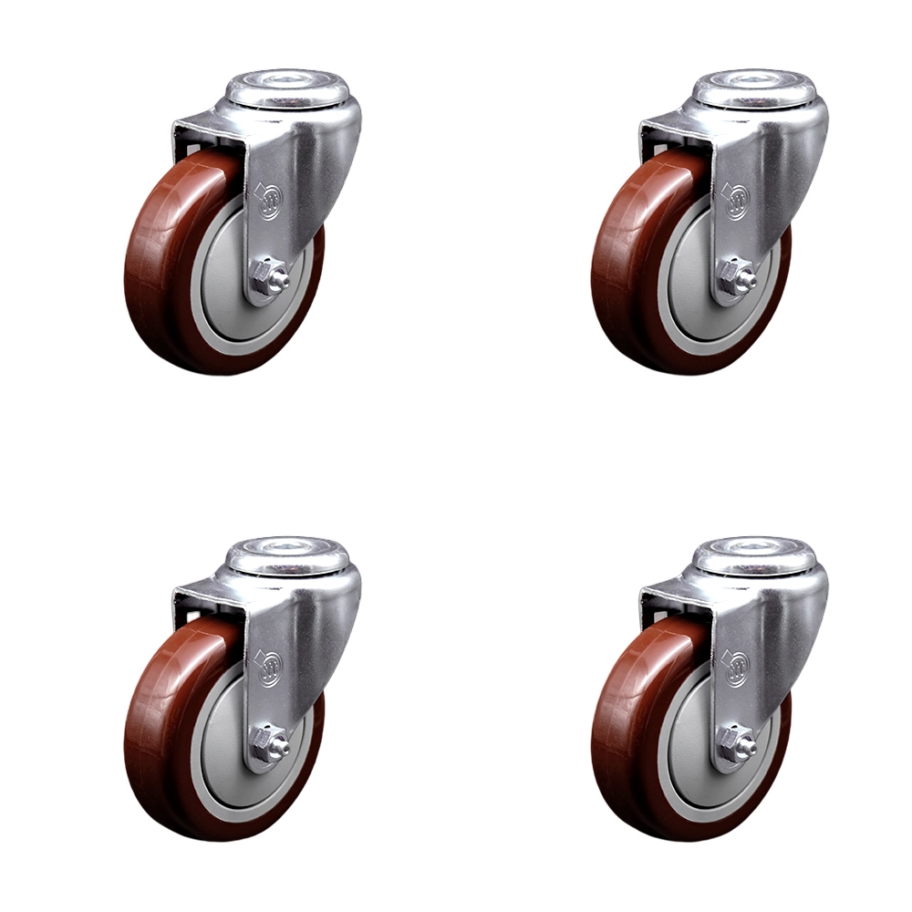 Stainless Steel Polyurethane Swivel Bolt Hole Caster Set of 4 w/4" x 1.25" Maroon Wheels - Includes 4 Swivel - 1400 lbs Total Capacity - Service Caster Brand — photo 1