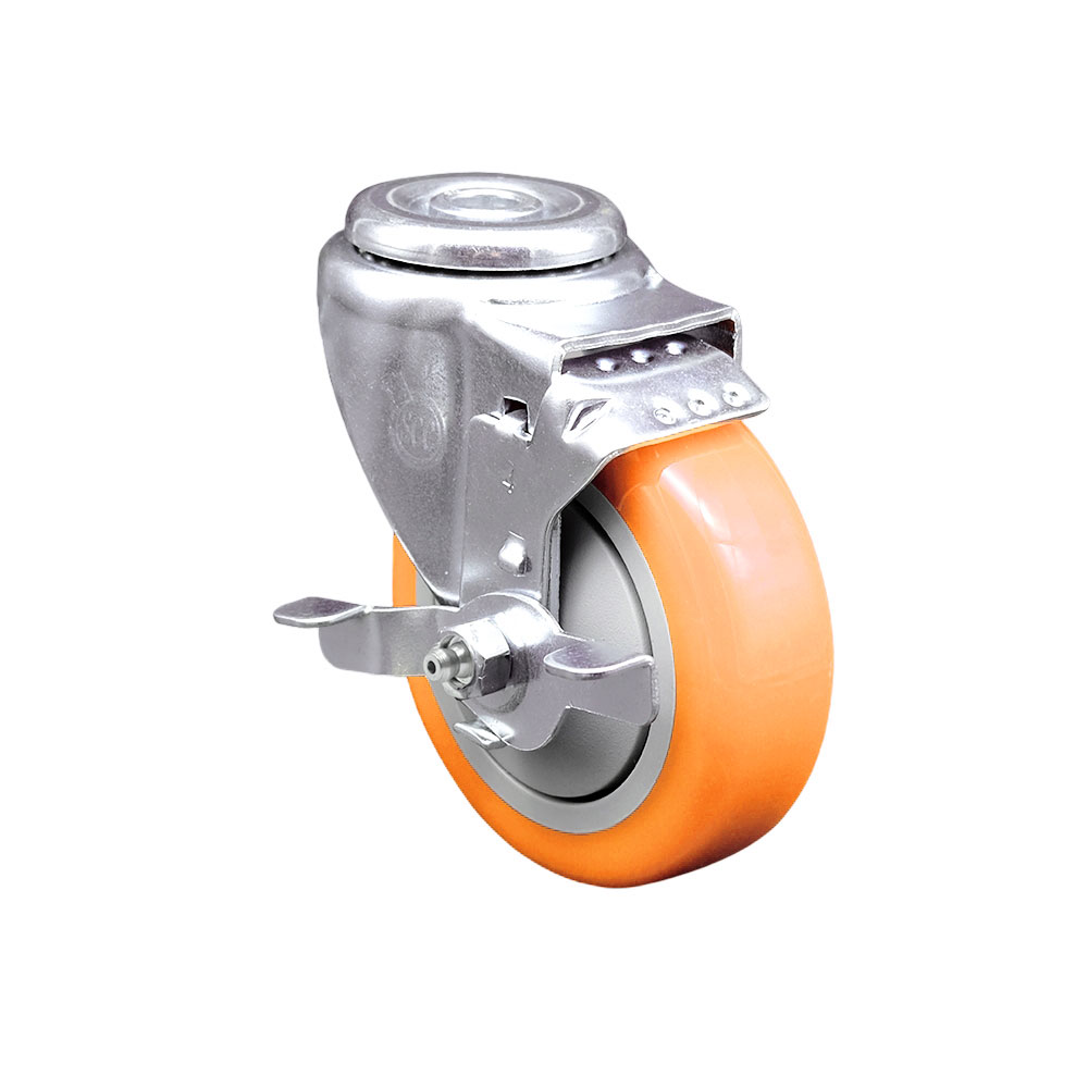 Stainless Steel Polyurethane Swivel Bolt Hole Caster w/4" x 1.25"  Orange Wheel & Top Locking Brake - 350 lbs Capacity/Caster - Service Caster Brand — photo 1