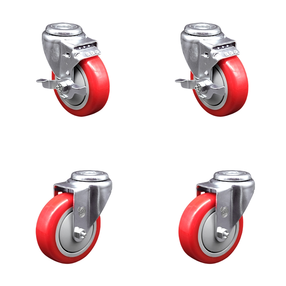 Stainless Steel Polyurethane Swivel Bolt Hole Caster Set of 4 w/4" x 1.25" Red Wheels - Includes 2 with Top Locking Brakes - 1400 lbs Total Capacity - Service Caster Brand — photo 1