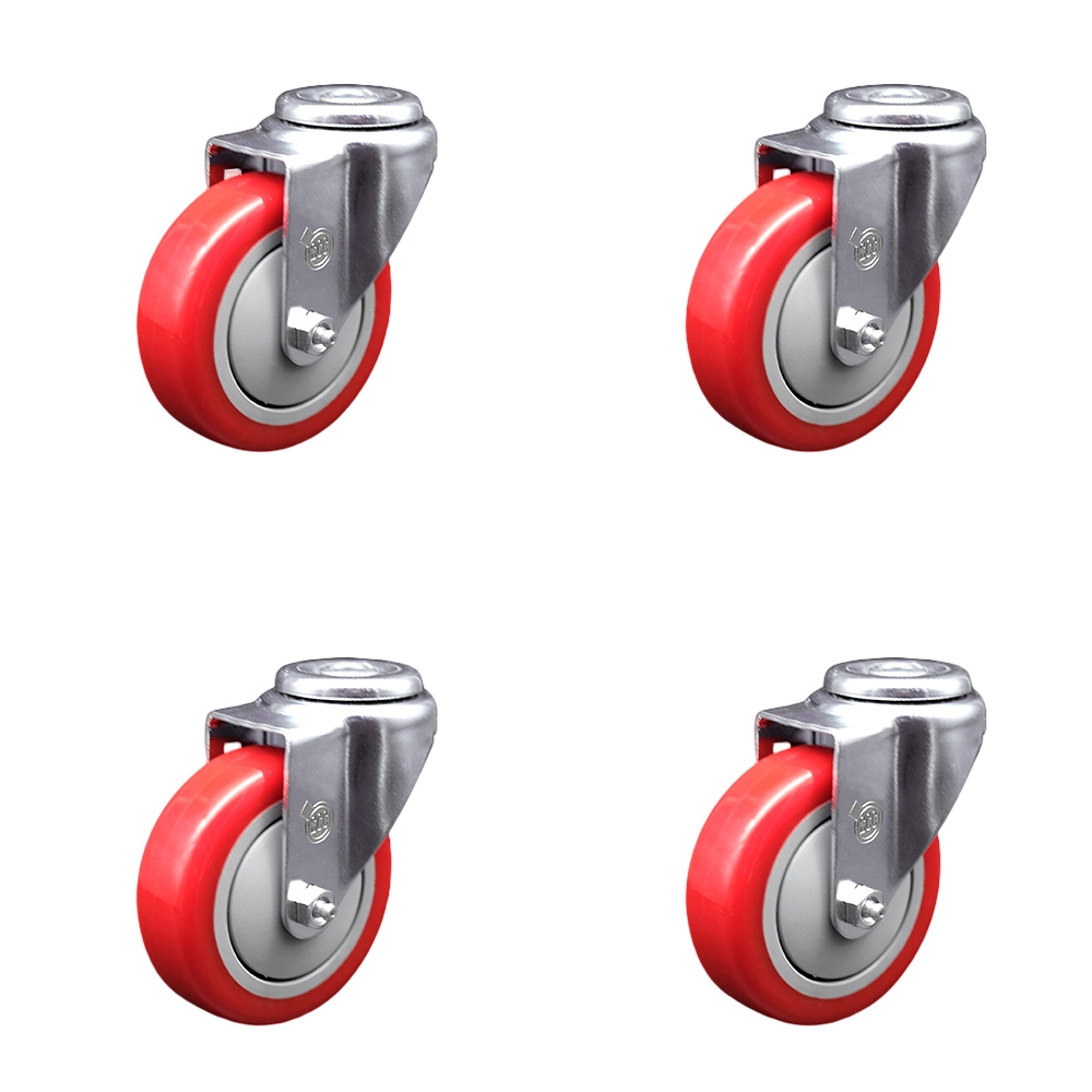 Stainless Steel Polyurethane Swivel Bolt Hole Caster Set of 4 w/4" x 1.25" Red Wheels - Includes 4 Swivel - 1400 lbs Total Capacity - Service Caster Brand — photo 1